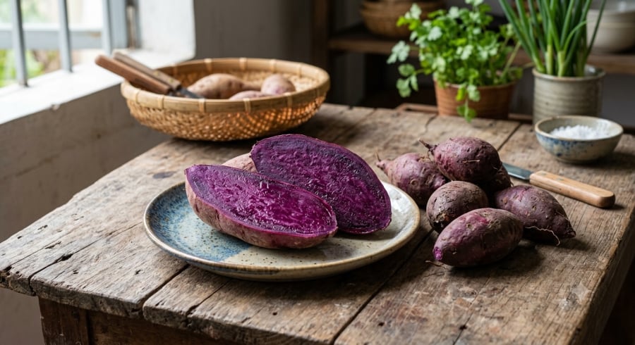 Khoai lang tím cung cấp tinh bột, chất xơ và sắc tố anthocyanin tự nhiên.