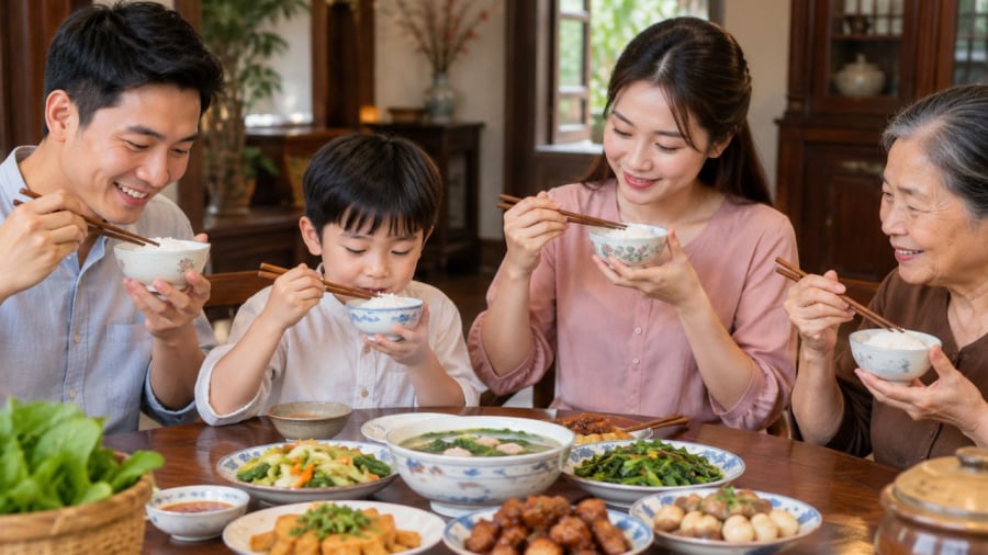 Tay bưng bát gần miệng khi ăn là một hành động thể hiện thái độ đúng khi ăn