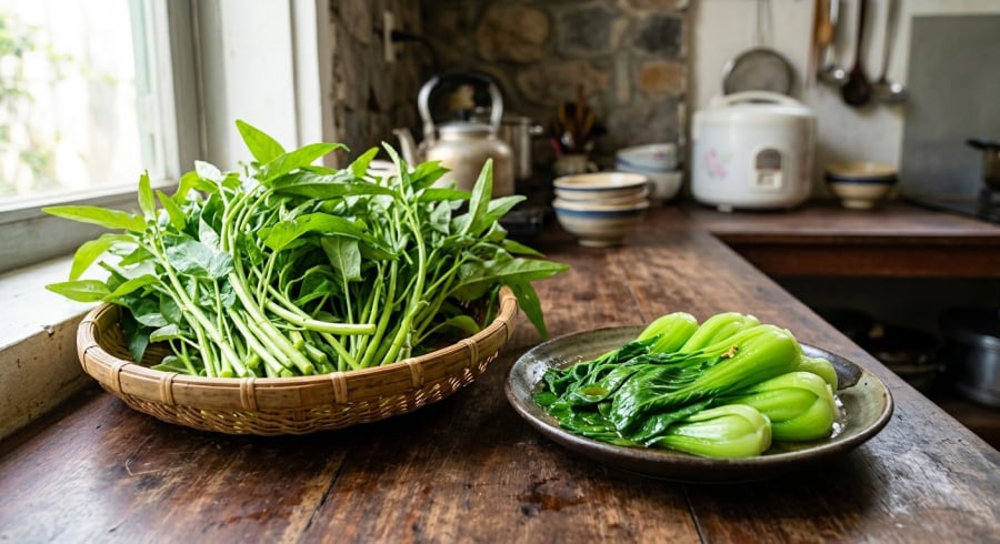 Cải thìa và rau muống đều chứa kali cùng nhiều dưỡng chất khác, giúp bữa cơm gia đình thêm đa dạng và cân đối.