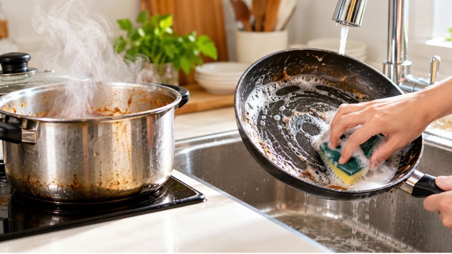 Nồi chảo vừa nấu xong còn đang nóng thì không nên rửa ngay