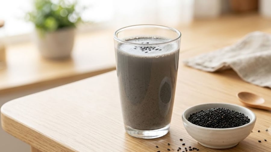 Một ly sữa mè đen ấm là lựa chọn đơn giản cho bữa sáng, giúp cung cấp canxi cho cơ thể.