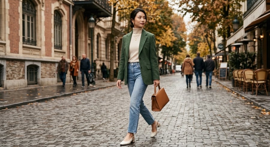 Blazer xanh rêu phối áo len màu kem và jeans đứng dáng giúp diện mạo công sở trẻ trung nhưng vẫn giữ nét tinh tế.