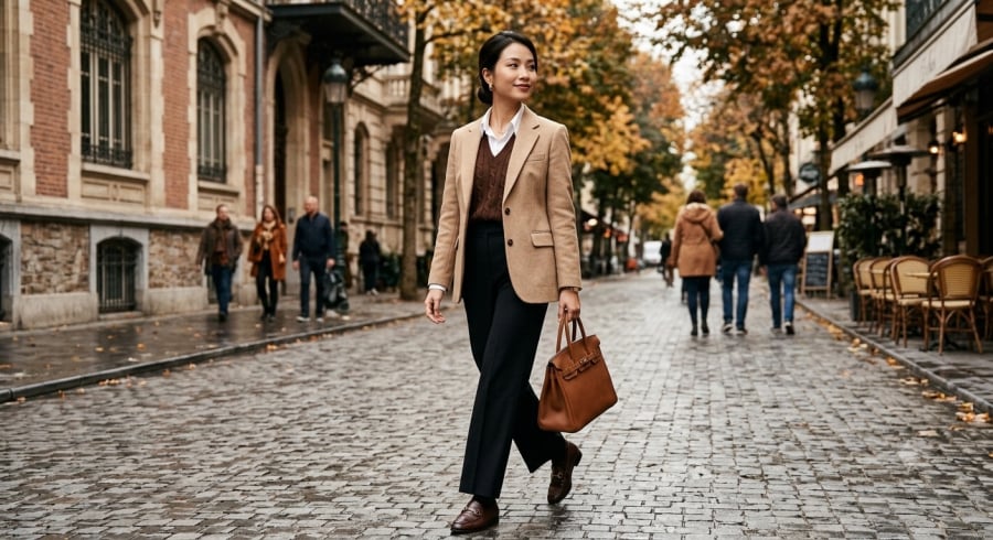 Blazer màu be kết hợp gile nâu và quần âu đen tạo nên set đồ công sở thanh lịch, chỉn chu mà không cần nhiều phụ kiện.