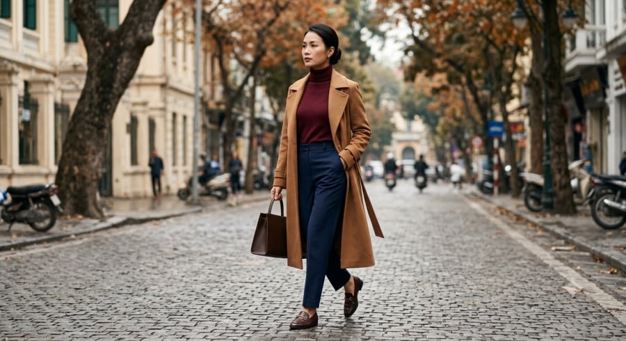 Sự kết hợp giữa đỏ rượu vang, xanh navy và camel tạo điểm nhấn sang trọng cho trang phục mùa thu.