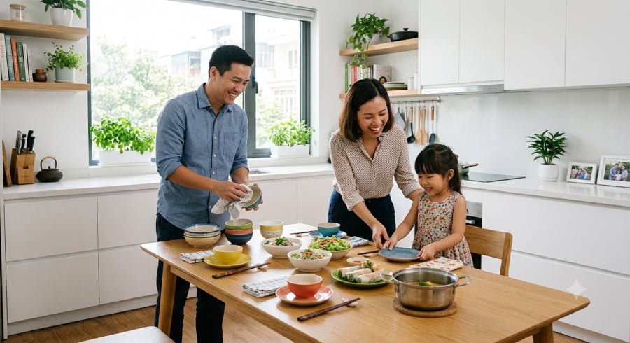 Cùng tham gia việc nhà giúp trẻ hiểu giá trị của sự sẻ chia, biết quan tâm đến người thân và có trách nhiệm hơn với gia đình.