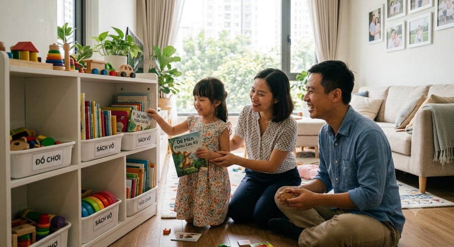 Cho con tự làm những việc phù hợp với lứa tuổi là cách giúp trẻ rèn tính tự lập và hình thành ý thức trách nhiệm từ sớm.