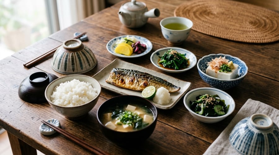 Bữa ăn đa dạng với cá, rau củ và các sản phẩm từ đậu nành là một trong những nét đáng chú ý trong chế độ dinh dưỡng truyền thống của người Nhật.