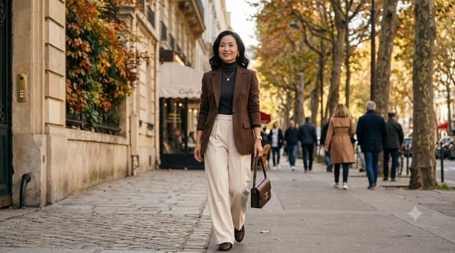 Blazer nâu phối quần âu sáng màu mang đến vẻ thanh lịch, tinh tế, phù hợp từ môi trường công sở đến những buổi gặp gỡ.