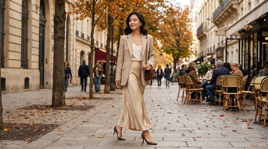 Kết hợp blazer với chân váy dài giúp cân bằng nét chỉn chu và mềm mại, tạo diện mạo duyên dáng mà vẫn thời thượng.