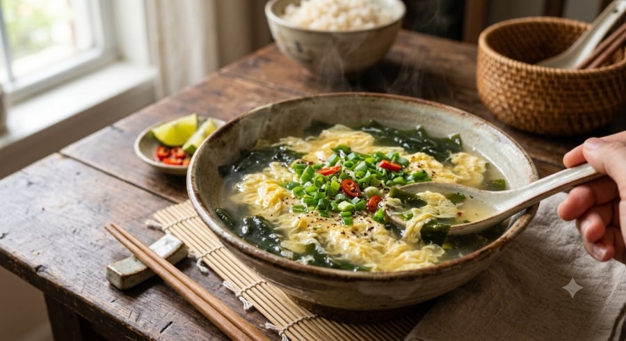 Canh rong biển nấu trứng dễ thực hiện, có thể dùng trong bữa sáng hoặc bữa cơm gia đình để bổ sung thêm protein và đa dạng thực đơn.