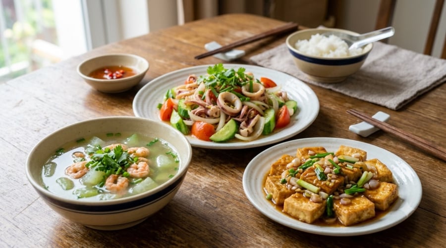 Kết hợp mực xào dưa leo với canh bí xanh nấu tôm và đậu phụ sốt hành giúp mâm cơm thêm phong phú mà không mất nhiều thời gian chuẩn bị.