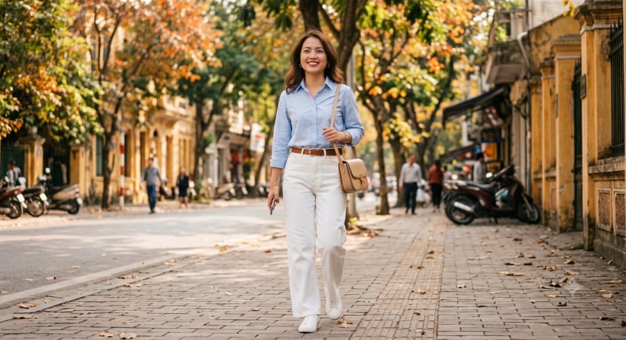 Sơ mi xanh nhạt phối quần jeans trắng mang đến diện mạo tươi sáng, tinh tế, phù hợp cả khi đi làm lẫn dạo phố.
