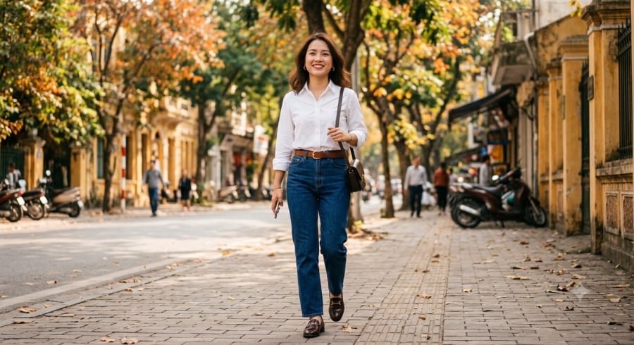 Sơ mi trắng và quần jeans xanh là công thức phối đồ đơn giản, giúp chị em trẻ trung, thanh lịch mà không cần cầu kỳ.