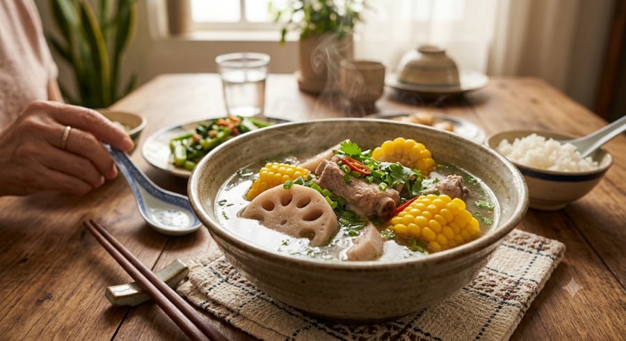 Sườn hầm củ sen và ngô ngọt mang đến món canh đậm đà, thích hợp dùng cùng cơm nóng.