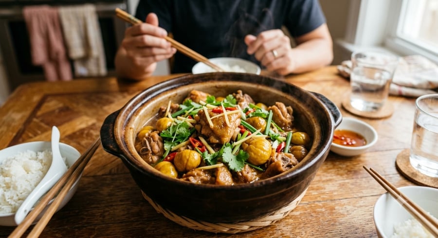 Gà kho hạt dẻ là gợi ý đổi món cho bữa cơm mùa thu, kết hợp vị đậm đà của thịt gà với vị bùi thơm của hạt dẻ.