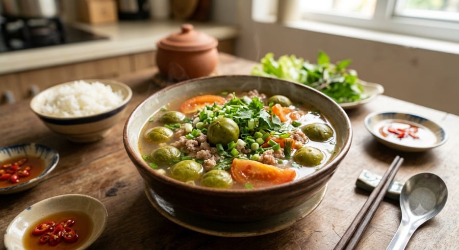 Canh chua sấu nấu cà chua có vị chua thanh, giúp cân bằng vị đậm đà của món thịt chưng mắm tép.