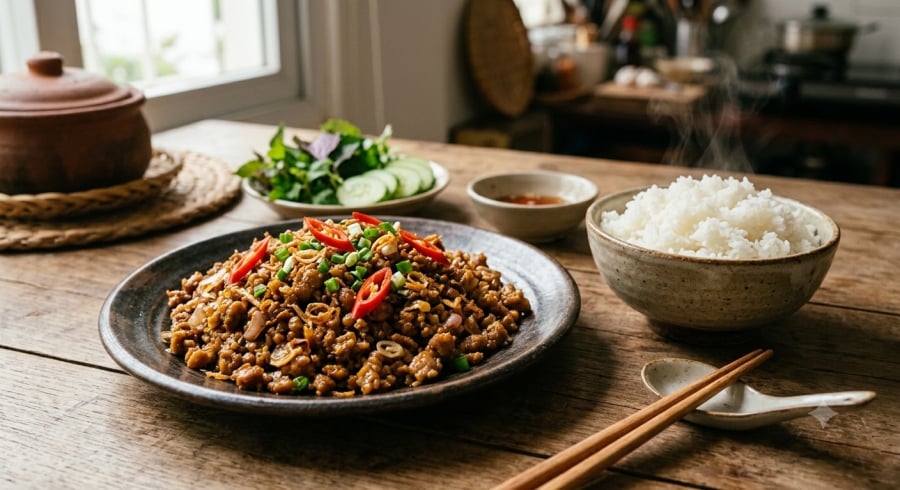 Thịt chưng mắm tép thơm nức, đậm đà, ăn cùng cơm nóng là lựa chọn hấp dẫn cho bữa cơm gia đình.