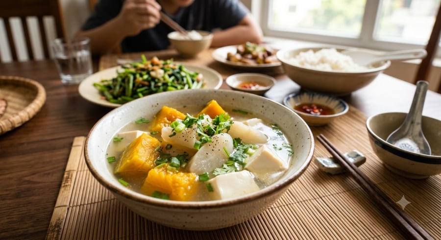 Củ mài hầm bí đỏ, đậu phụ non có vị ngọt dịu, bổ sung tinh bột và protein thực vật cho bữa ăn của trẻ.