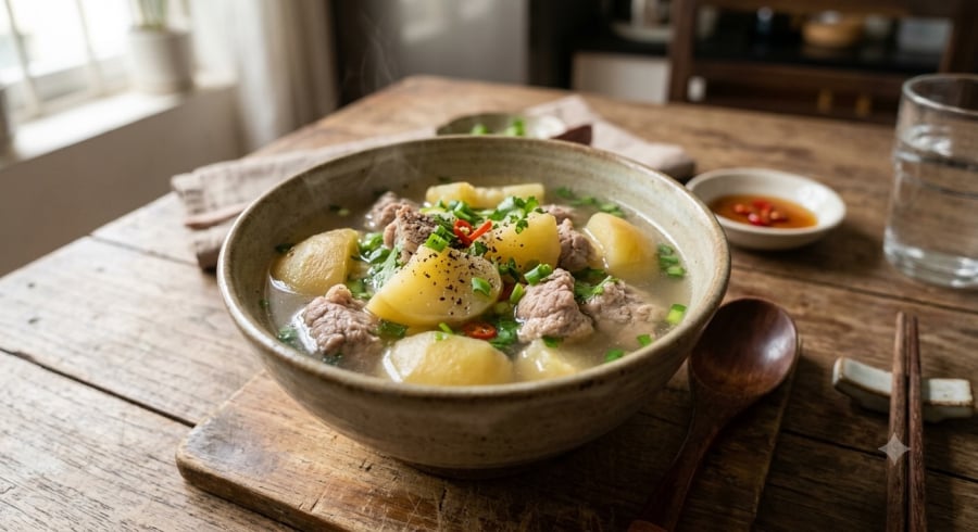 Canh thịt nạc nấu táo có vị ngọt tự nhiên, giúp bữa cơm gia đình thêm phong phú mà không cần sử dụng nhiều đường.