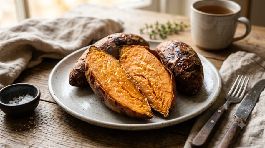Khoai lang chứa kali, chất xơ và beta-carotene, có thể chế biến thành nhiều món ăn bổ dưỡng.