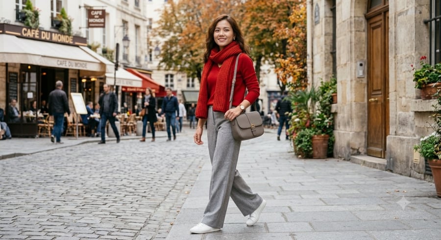 Quần âu xám giúp cân bằng sắc đỏ, mang đến vẻ ngoài thanh lịch và hiện đại.