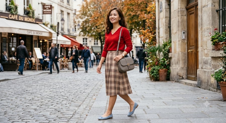 Áo len đỏ phối chân váy caro tạo điểm nhấn cổ điển, phù hợp với những ngày thu se lạnh.