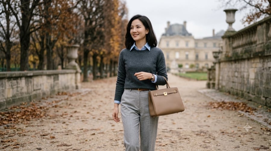 Sơ mi xanh lam phối suit xám tạo diện mạo chuyên nghiệp, hiện đại mà vẫn giữ nét thanh lịch cho nàng công sở.