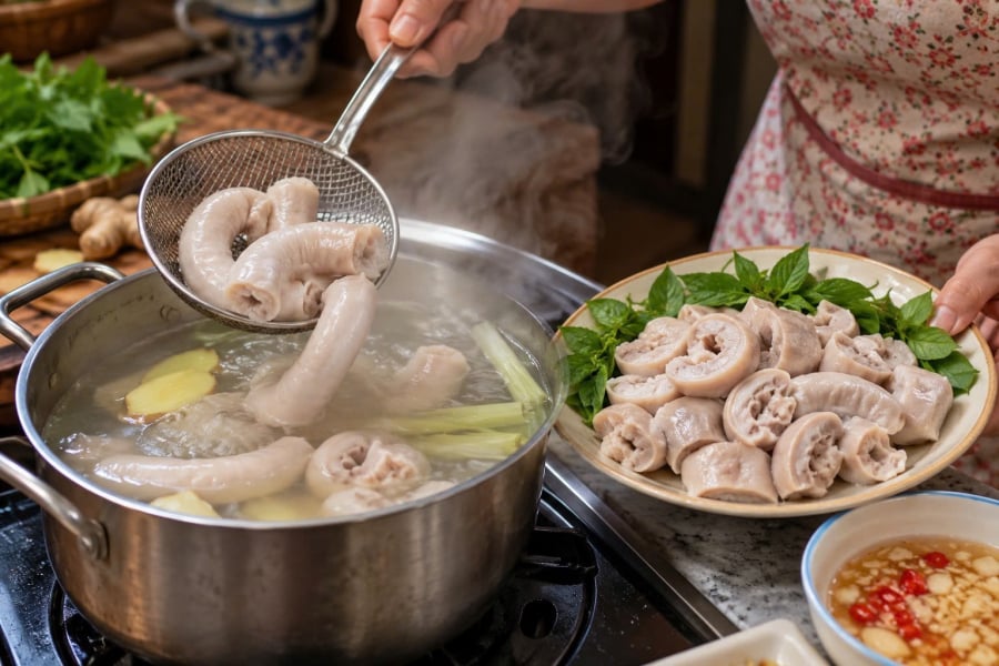 Muốn luộc lòng trắng giòn, giảm tối đa mùi hôi, bạn nên làm sạch nhẹ nhàng bằng muối và chanh, luộc trong nước có gừng, sả rồi ngâm ngay vào nước đá sạch sau khi lòng đã chín hoàn toàn. 
