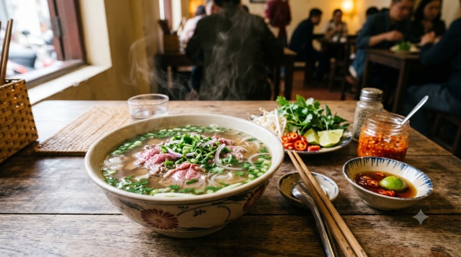 Phở, nước chấm và các loại gia vị có thể khiến lượng muối tiêu thụ trong ngày tăng cao nếu không được kiểm soát.