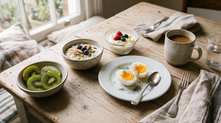 Có thể kết hợp kiwi và trứng luộc với yến mạch hoặc sữa chua để bữa sáng đa dạng và phù hợp hơn với nhu cầu năng lượng.