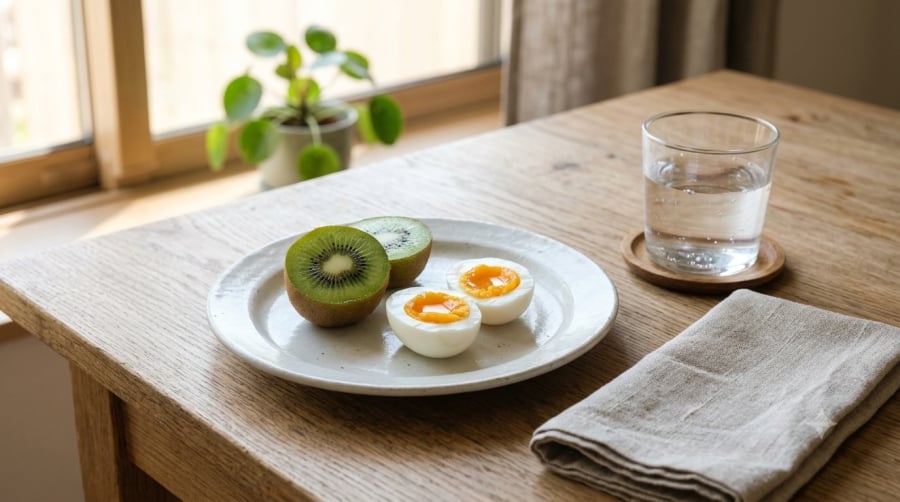 Kiwi và trứng luộc là gợi ý bữa sáng đơn giản, dễ chuẩn bị cho người muốn kiểm soát cân nặng.