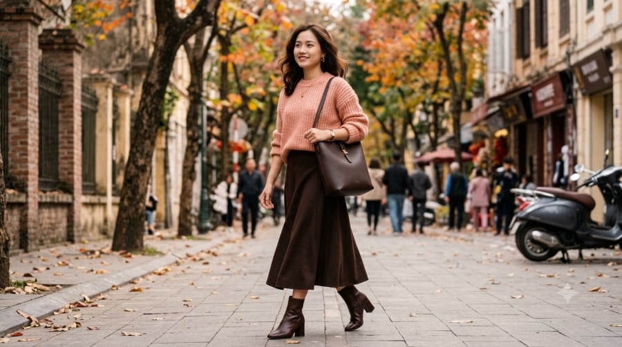 Áo len hồng đào kết hợp nâu chocolate tạo nên tổng thể ấm áp, nữ tính mà vẫn giữ được vẻ chỉn chu trong những ngày thu đông.