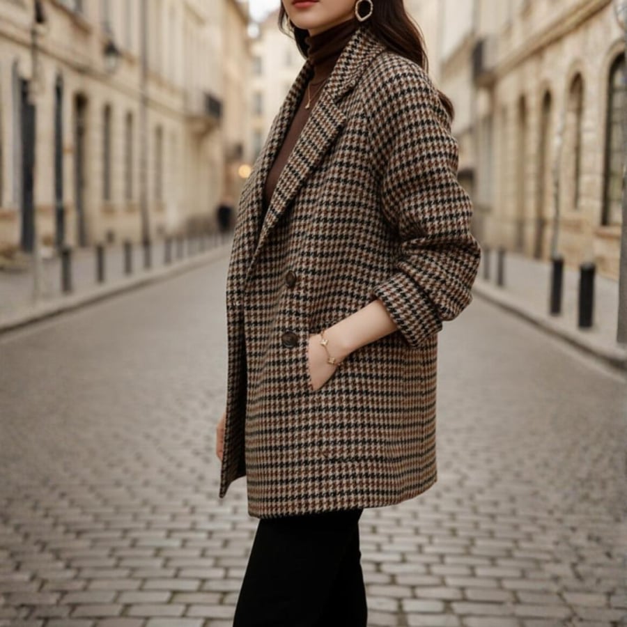 Blazer dáng rộng và họa tiết kẻ caro mang đến vẻ trẻ trung, thanh lịch, dễ phối cùng sơ mi và gile len.