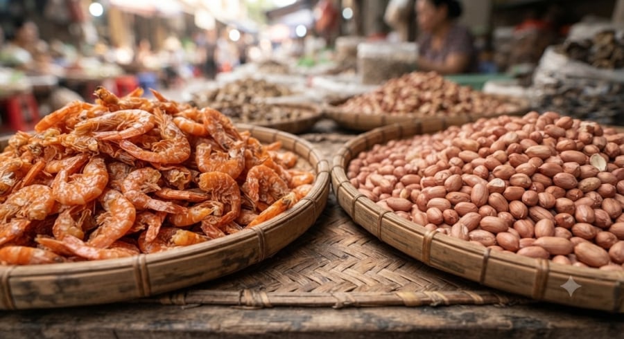 Tôm khô cần có mùi đặc trưng, không ẩm dính; lạc phải được bảo quản đúng cách và loại bỏ khi phát hiện dấu hiệu nấm mốc hoặc mùi ôi bất thường.