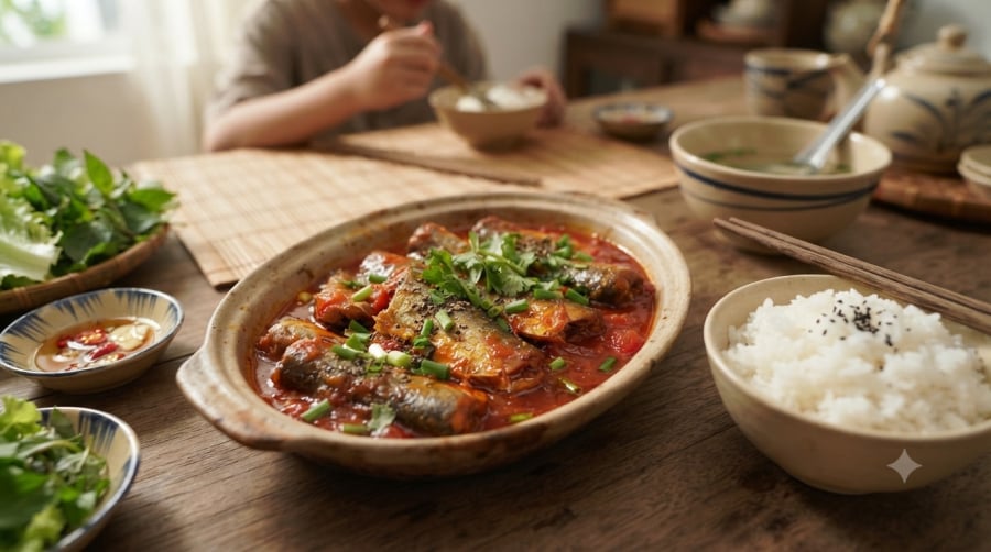 Cá mòi kho cà chua là món ăn đậm đà, cung cấp protein và omega-3; phần xương mềm có thể bổ sung thêm canxi nếu ăn được an toàn.