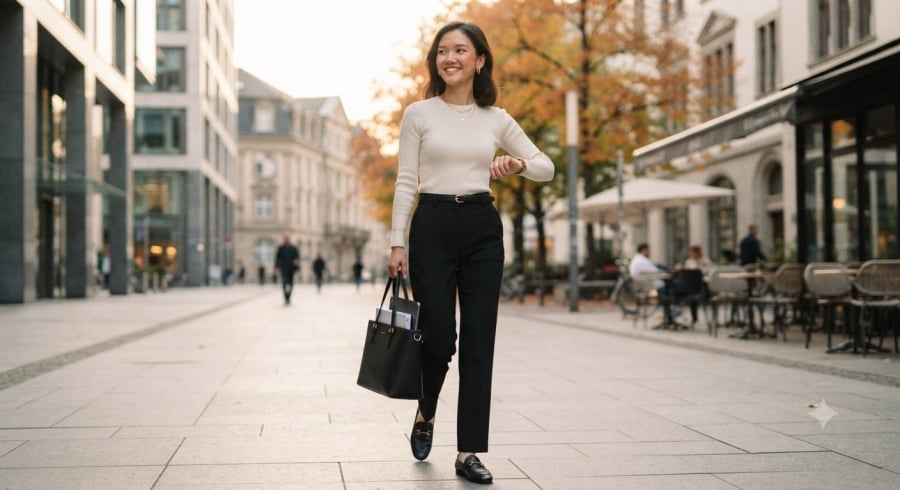 Phối áo thun dài tay với quần âu là công thức đơn giản giúp chị em giữ vẻ chỉn chu mà vẫn thoải mái khi đi làm.