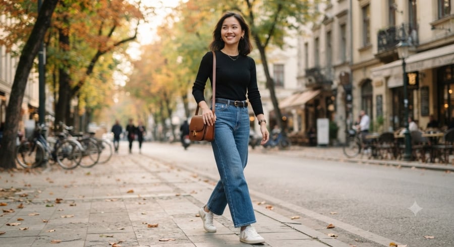 Áo thun dài tay màu đen kết hợp quần jeans xanh tạo nên set đồ trẻ trung, dễ mặc và phù hợp với nhiều hoàn cảnh.