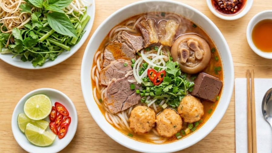 Bún bò Huế có thể ăn kèm các loại rau sống như hoa chuối bào, rau muống chẻ...