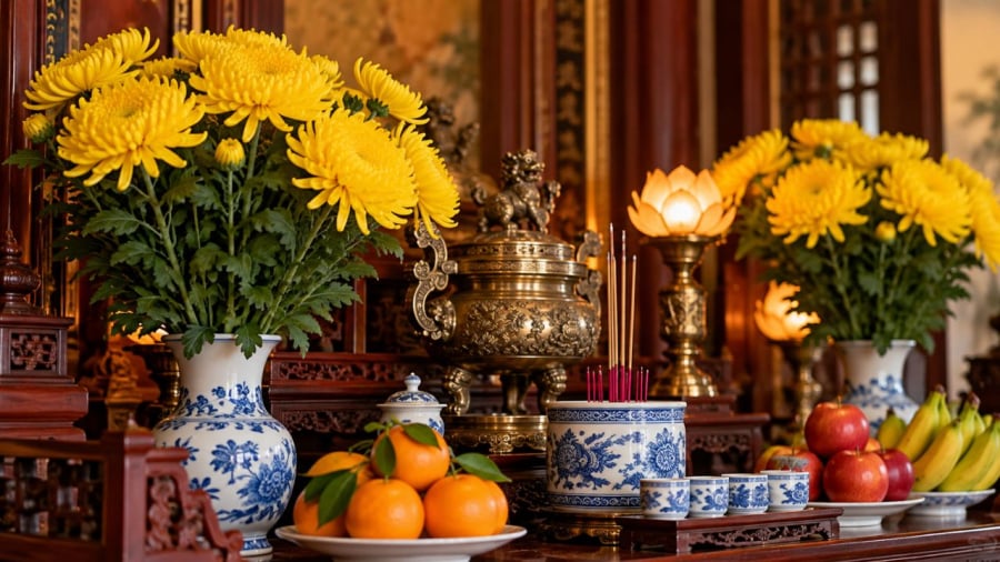 Hoa cúc vàng thường thấy trên ban thờ