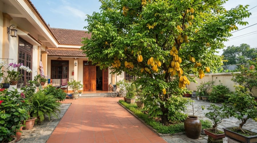 Cây khế có thể trồng trước nhà nếu chọn vị trí phù hợp, giữ lối vào thông thoáng và chăm sóc tán cây gọn gàng.
