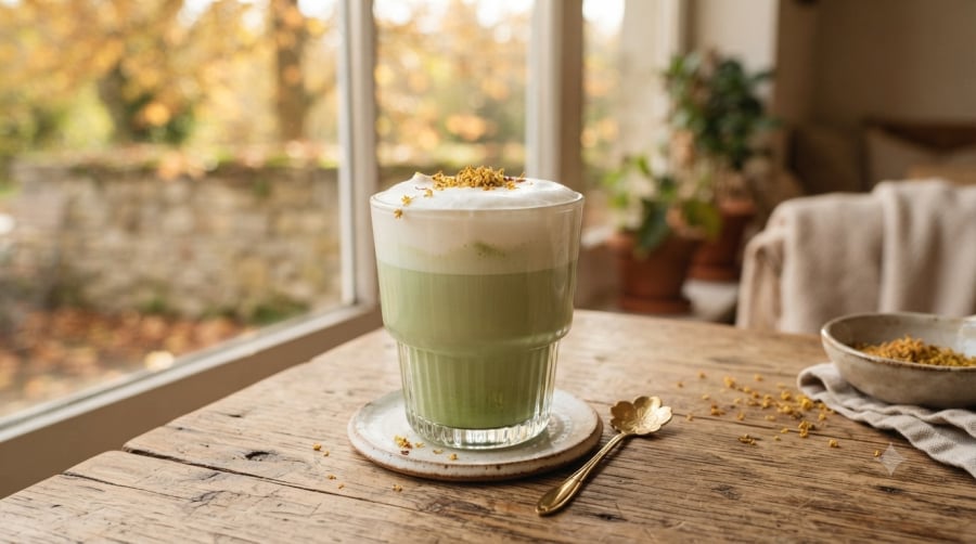 Matcha dừa hoa mộc gây ấn tượng với sắc xanh bắt mắt, vị trà thanh nhẹ hòa quyện cùng độ béo thơm của dừa và hương hoa dịu dàng.