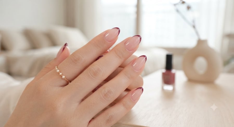 French berry tạo điểm nhấn bằng đường viền đỏ mận tinh tế trên nền móng hồng sữa thanh lịch.