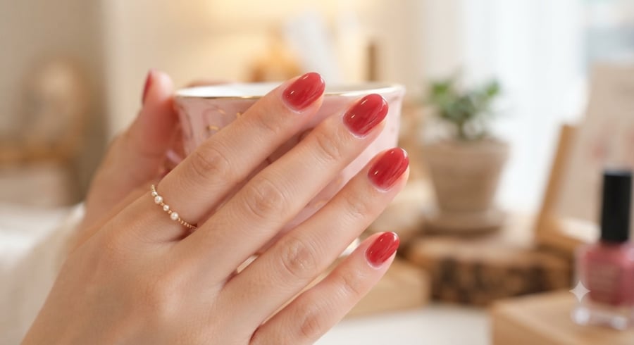 Nail jelly berry với sắc đỏ cherry trong veo, bóng mọng, mang đến vẻ đẹp trẻ trung và nữ tính.
