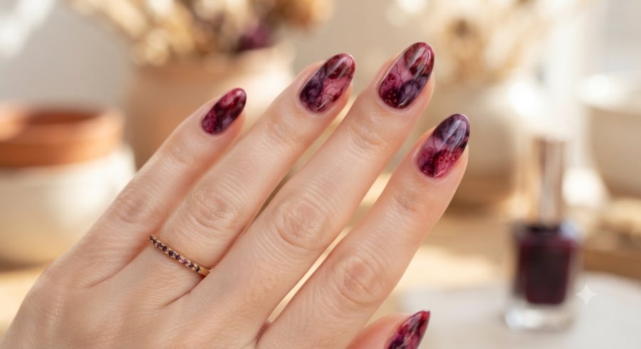 Những đường vân loang màu berry tạo nên bộ móng độc đáo, giàu tính nghệ thuật nhưng vẫn hài hòa.