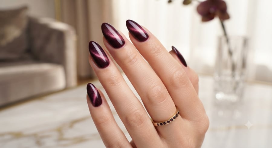 Nail berry cat-eye kết hợp sắc đỏ rượu và ánh nhũ lấp lánh, giúp đôi tay thêm quyến rũ.