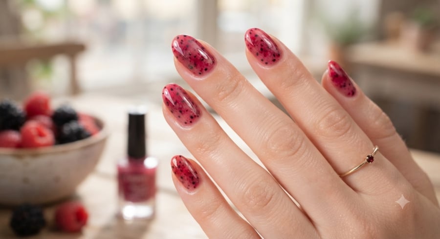 Nail berry chấm bi mang cảm hứng từ quả mâm xôi, tạo nét ngọt ngào và trẻ trung cho đôi tay.
