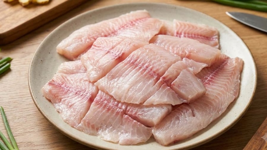 Phần thịt cá rô phi phi lê cần được thái miếng vừa ăn rồi mới đem rán.