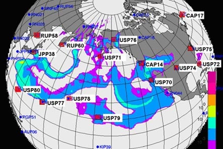 Hình ảnh mô phỏng về sự di chuyển đám mây phóng xạ từ nhà máy điện hạt nhân Fukushima trong các ngày 23, 24/3. (Ảnh: Cục ATBXHN)