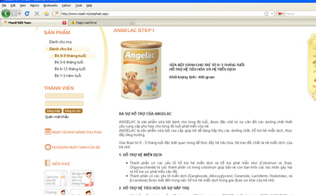 Hình ảnh trang web sữa Maeil được chụp lại ngày 15/04/2011.
