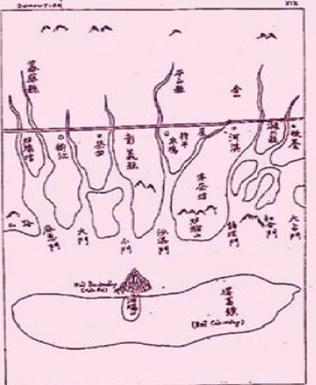 Bản đồ xứ Quảng Nam đời Lê, theo Thiên Nam lộ đồ, vẽ lại năm 1741 (bản sao chép của Dumoutier) có “Bãi cát vàng” tức là Hoàng Sa